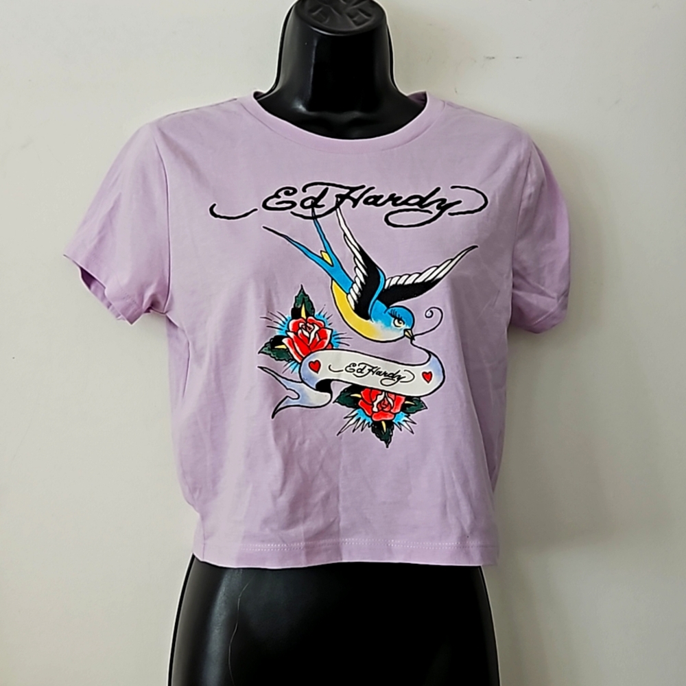 Ed Hardy Swallow Lavender Cropped Tee